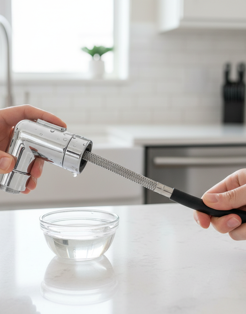 Hand unscrewing a chrome kitchen sink sprayer head to inspect for clogs and mineral buildup.