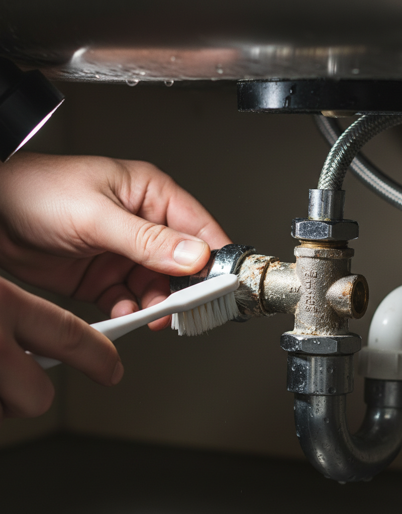 Homeowner cleaning a kitchen faucet diverter valve to fix low sprayer pressure