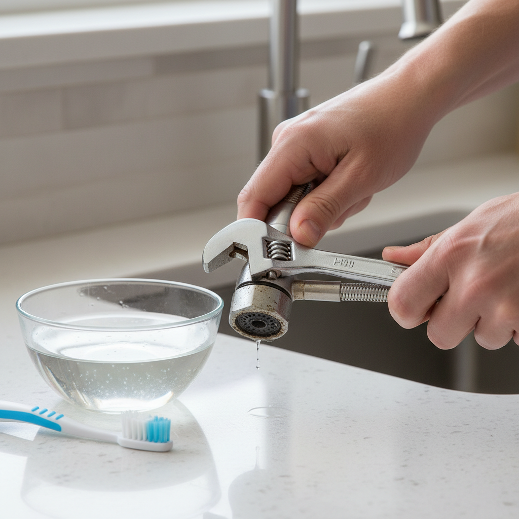 Homeowner removing kitchen sink sprayer head with a wrench to fix low pressure.
