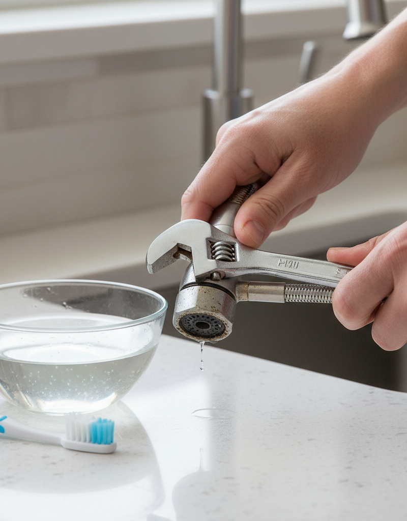 Homeowner removing kitchen sink sprayer head with a wrench to fix low pressure.