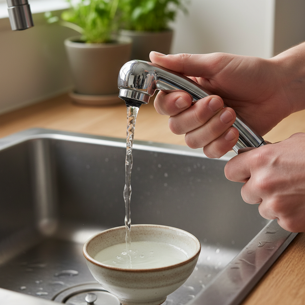 Homeowner troubleshooting a kitchen sink sprayer with low pressure, holding the sprayer head over a sink with a weak stream.