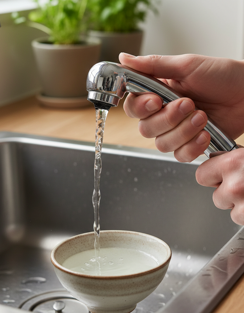 Homeowner troubleshooting a kitchen sink sprayer with low pressure, holding the sprayer head over a sink with a weak stream.