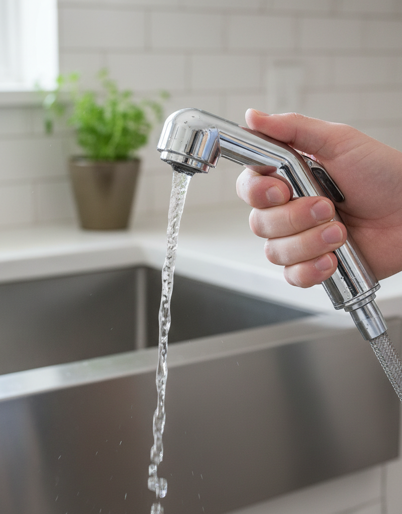 Hand holding a kitchen sink sprayer with a weak, trickling stream of water, indicating low pressure.