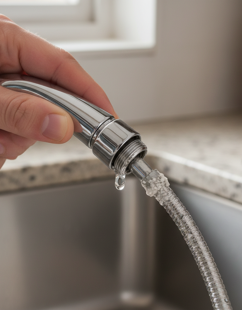 Hand removing a kitchen sink sprayer head with visible mineral deposits