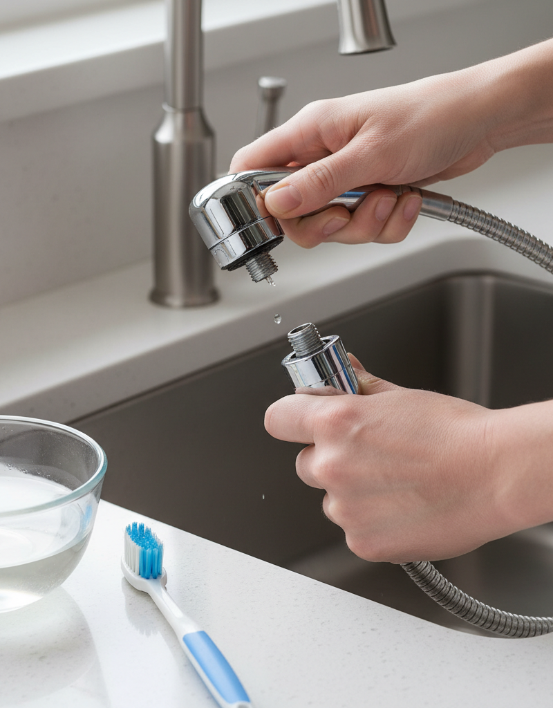 Homeowner's hands unscrewing a kitchen sink sprayer head for cleaning to fix low pressure