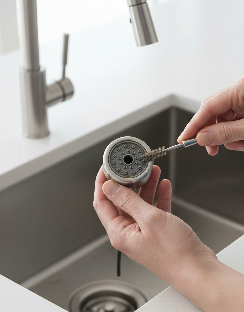 Homeowner's hands cleaning a kitchen sink sprayer head with a small brush to fix low pressure
