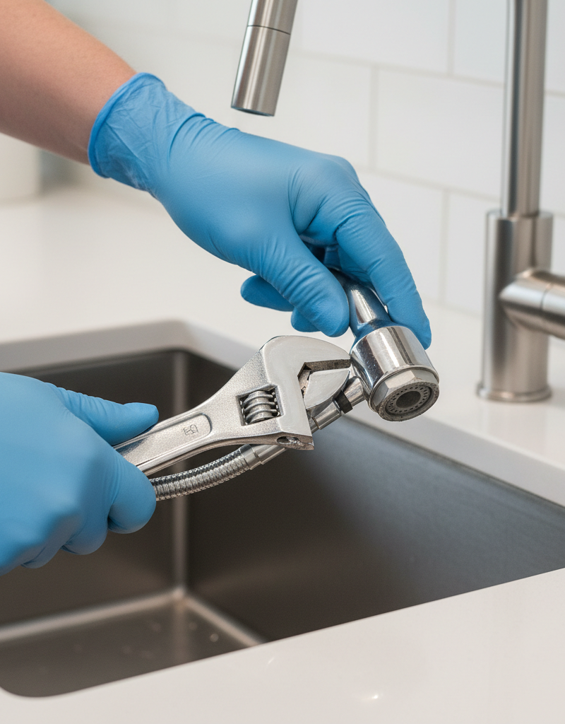 Hand using a wrench to unscrew a kitchen sink sprayer head for cleaning mineral buildup