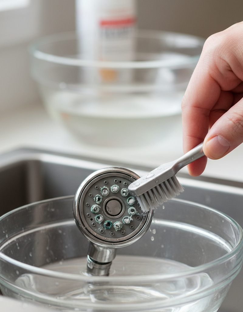 Homeowner cleaning mineral buildup from a detached kitchen sink sprayer head with a brush and vinegar.