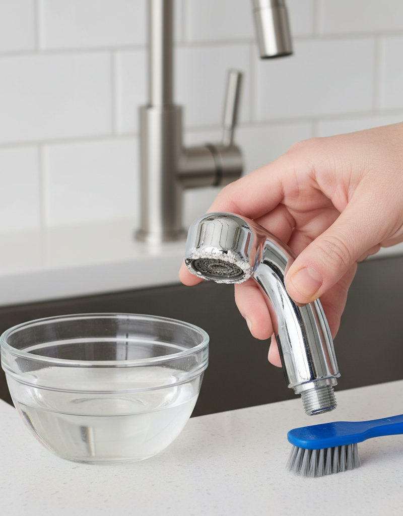 Hand unscrewing a kitchen sink sprayer head, showing mineral buildup and cleaning tools