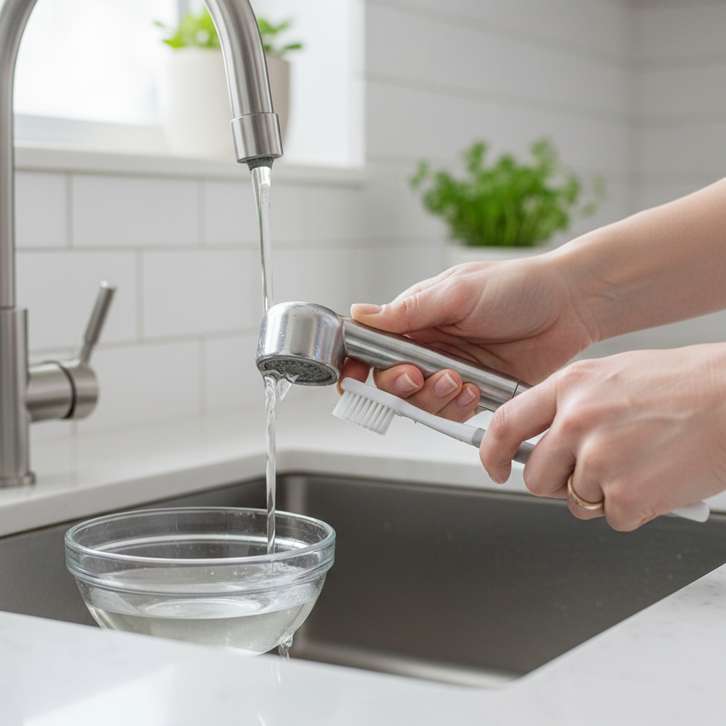 Homeowner's hands cleaning a kitchen sink sprayer head with a brush and vinegar to fix low pressure.