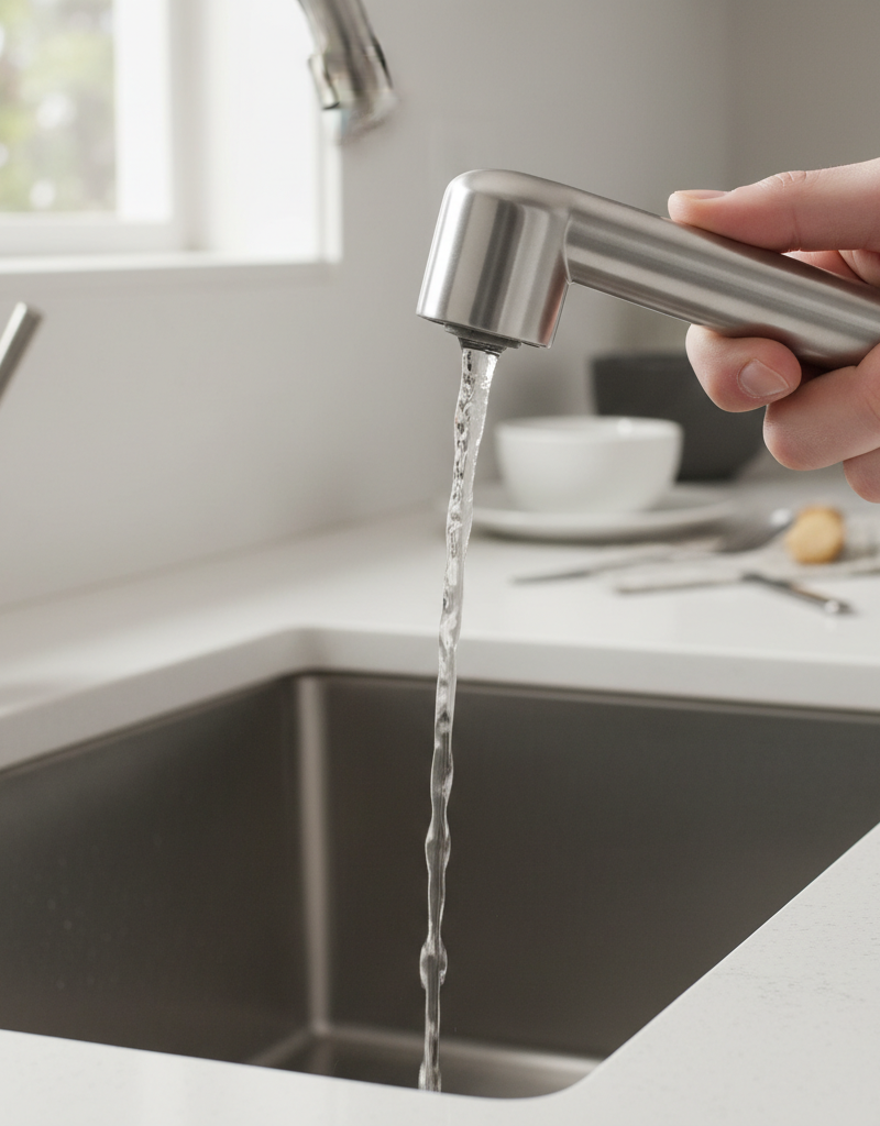Kitchen sink sprayer with a weak, dribbling stream of water instead of a strong jet.