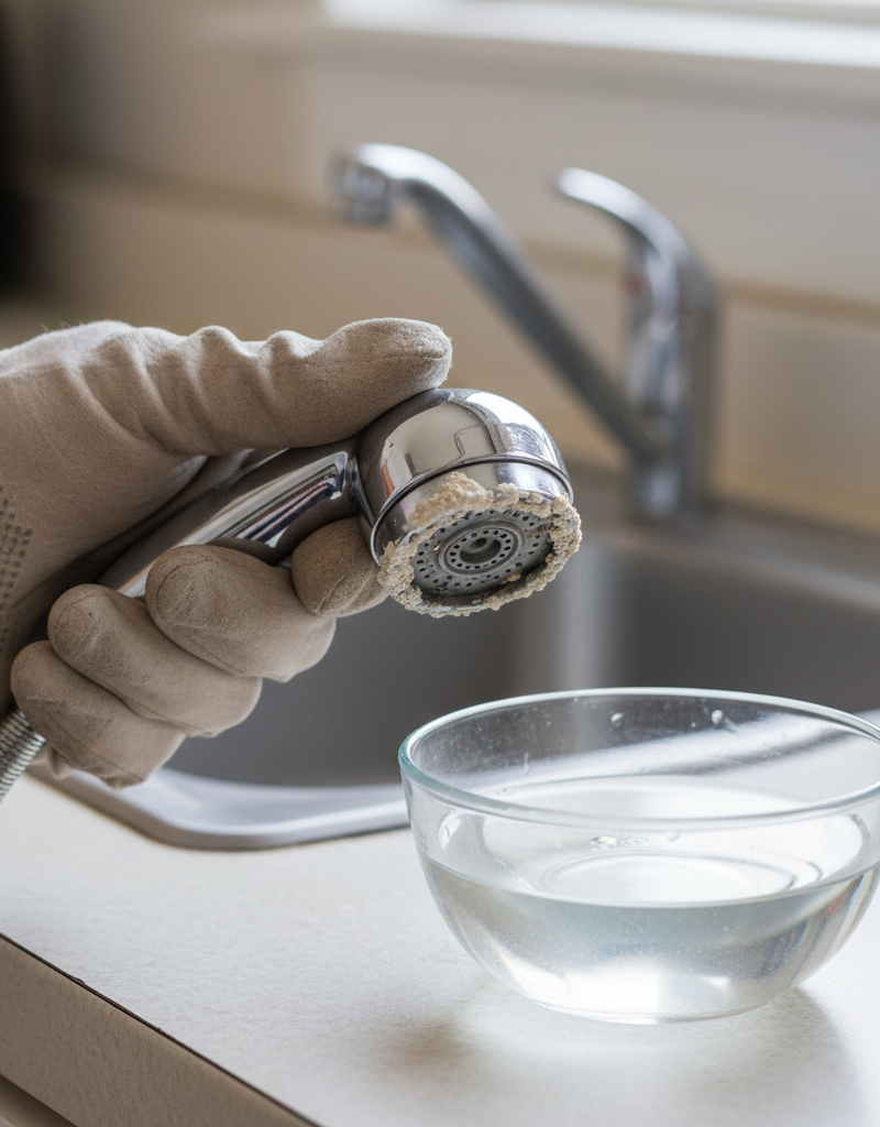 Homeowner's hand unscrewing a mineral-clogged kitchen sink sprayer head.