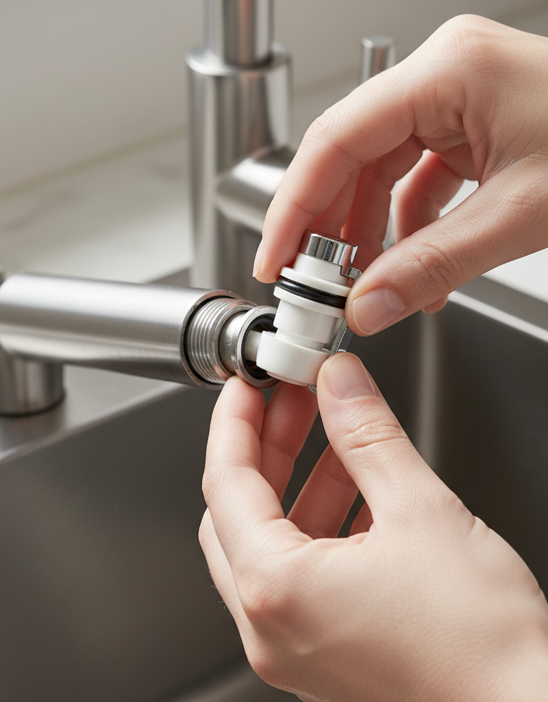 Hands installing a new diverter valve into a kitchen faucet body to fix low sprayer pressure.