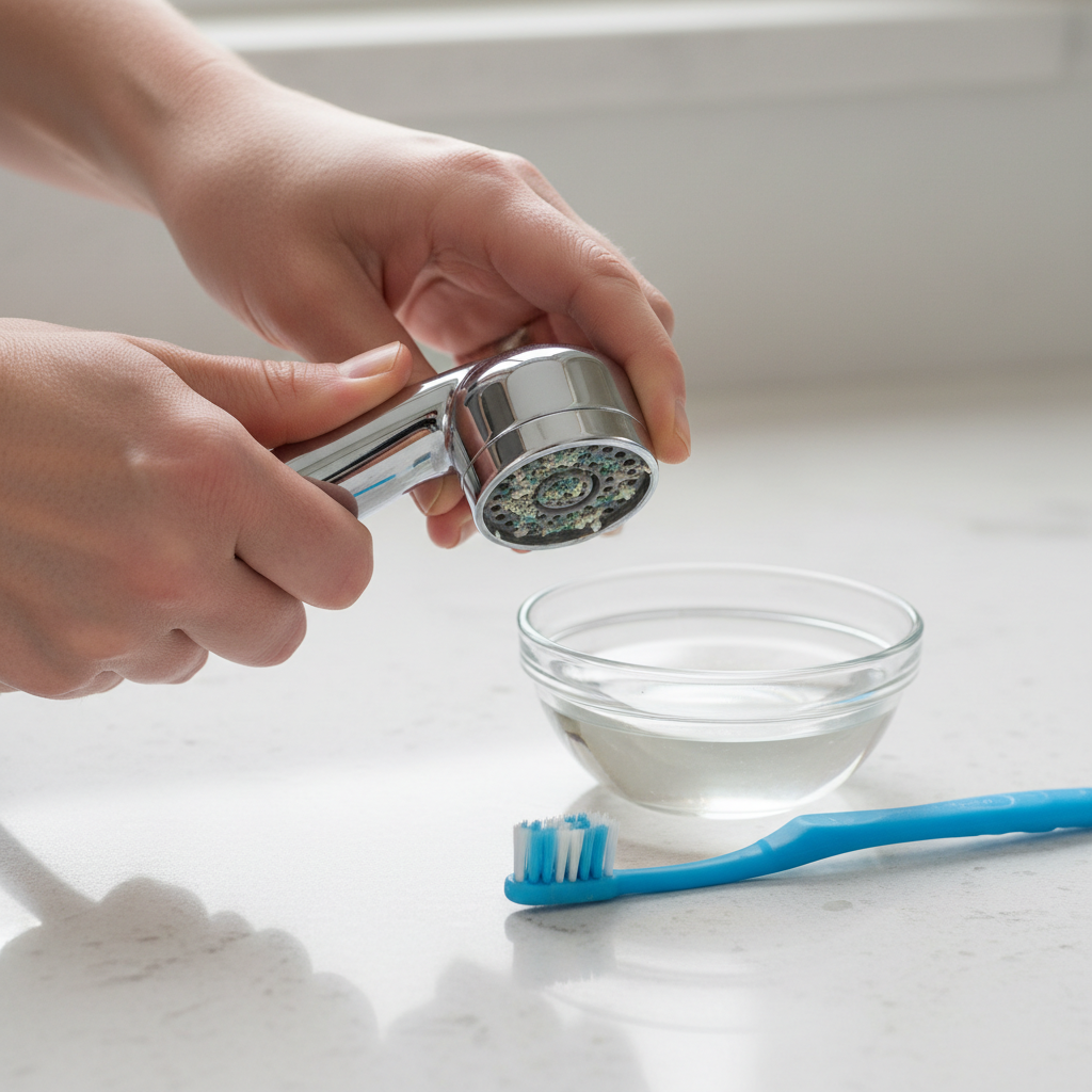Hands unscrewing a kitchen sink sprayer head to clean mineral deposits