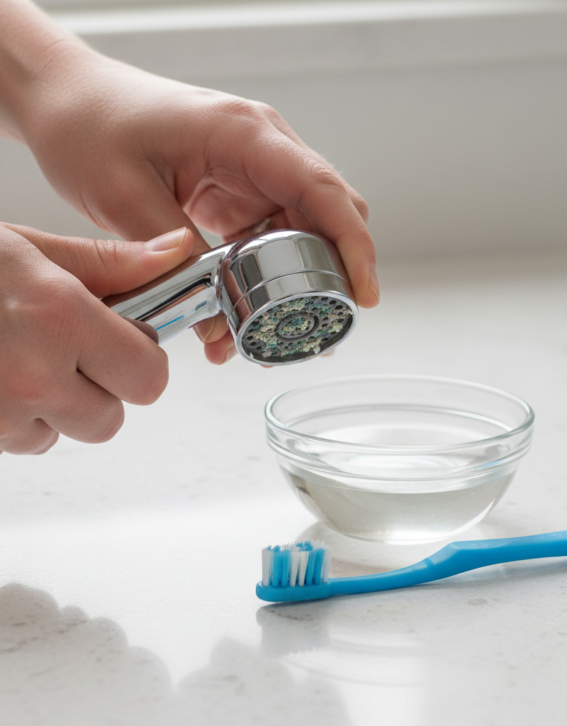 Hands unscrewing a kitchen sink sprayer head to clean mineral deposits