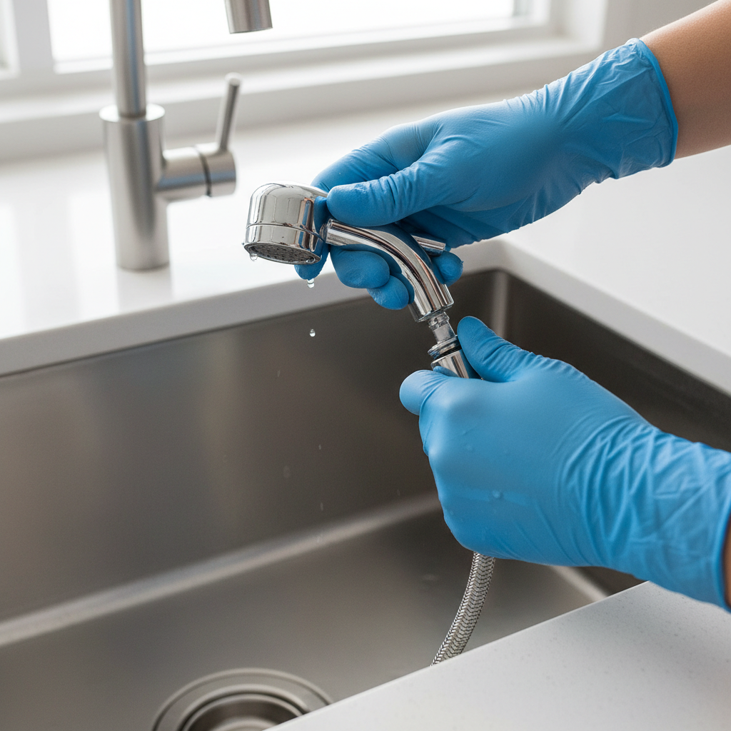 Hands unscrewing a kitchen sink sprayer head to inspect for clogs and low pressure.