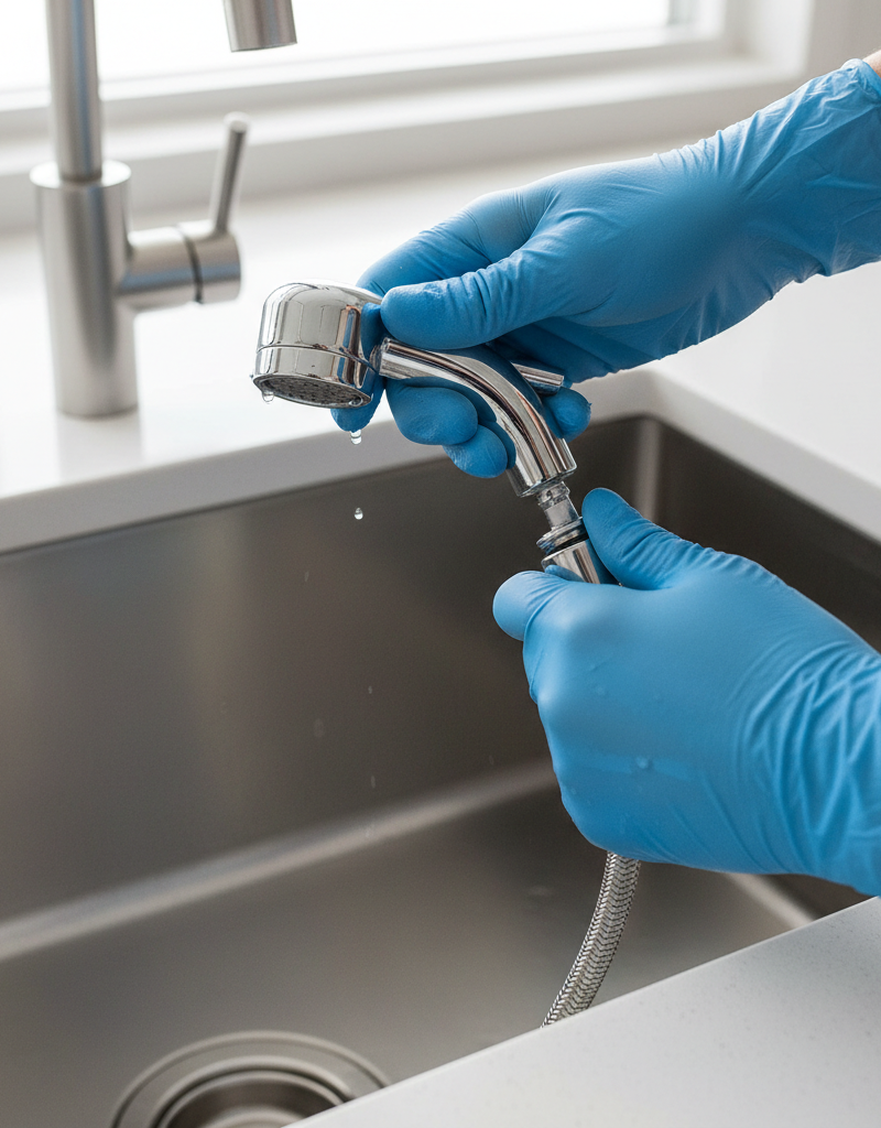 Hands unscrewing a kitchen sink sprayer head to inspect for clogs and low pressure.