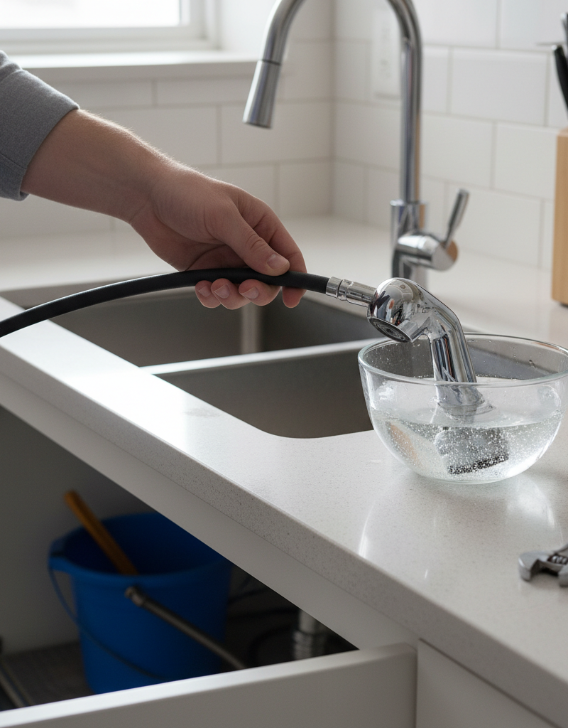 Kitchen sink sprayer head soaking in vinegar to remove mineral buildup, with part of a faucet and tools nearby.