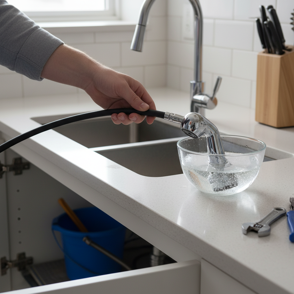 Kitchen sink sprayer head soaking in vinegar to remove mineral buildup, with part of a faucet and tools nearby.