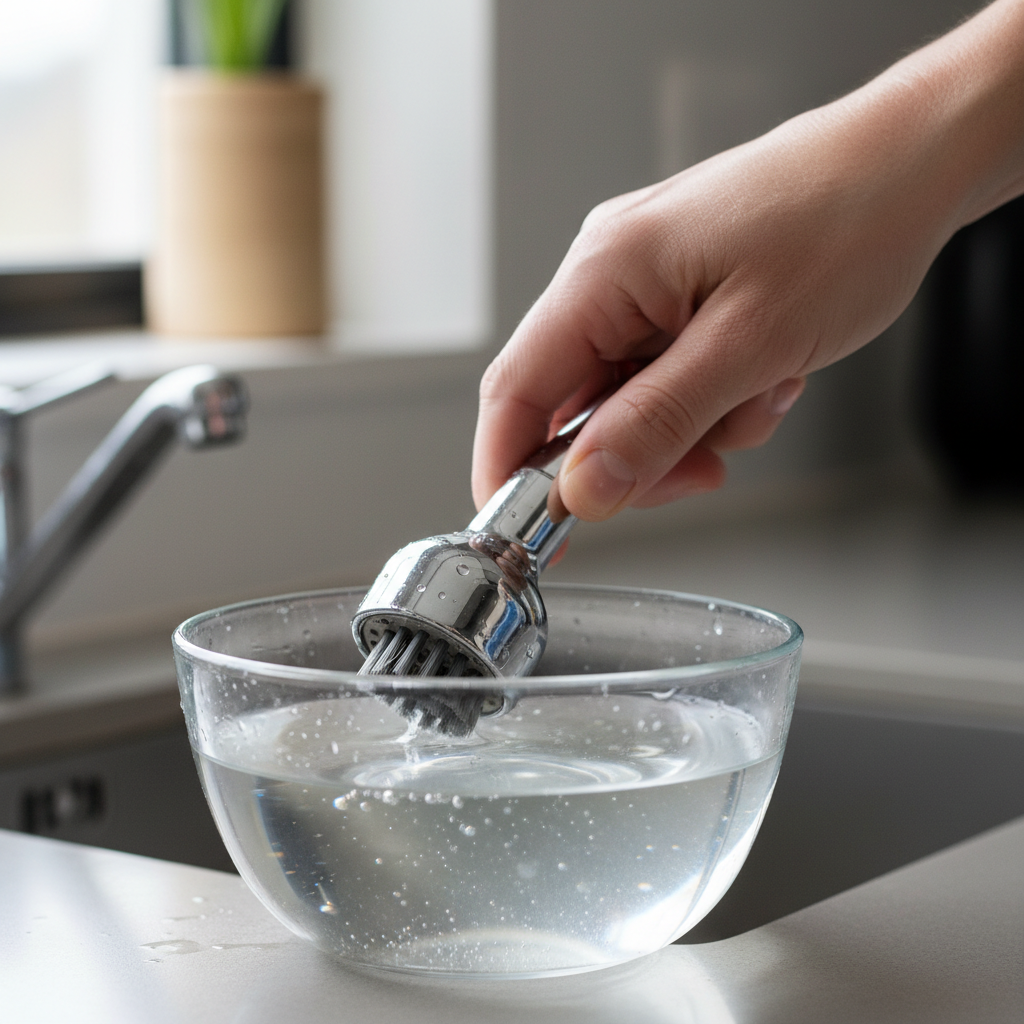 Homeowner's hand cleaning a kitchen sink sprayer head with a brush in a bowl of vinegar to fix low pressure.