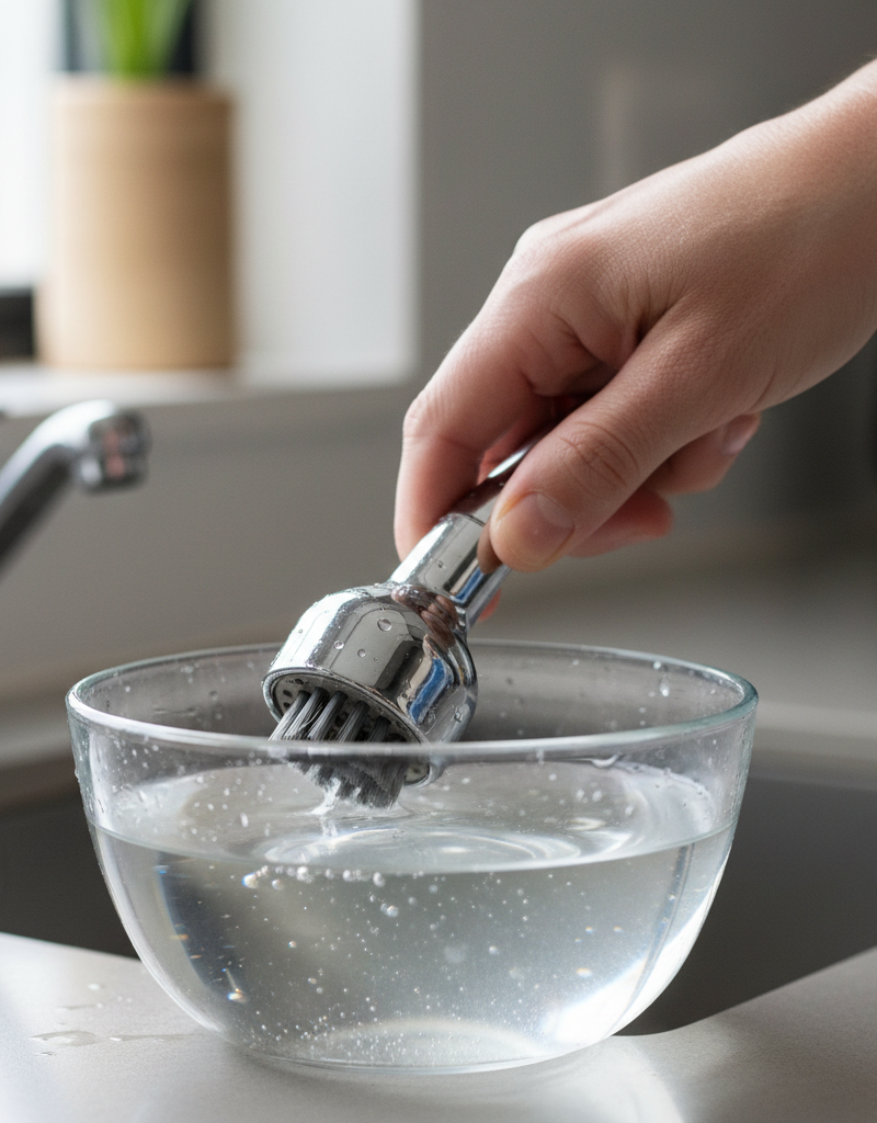 Homeowner's hand cleaning a kitchen sink sprayer head with a brush in a bowl of vinegar to fix low pressure.