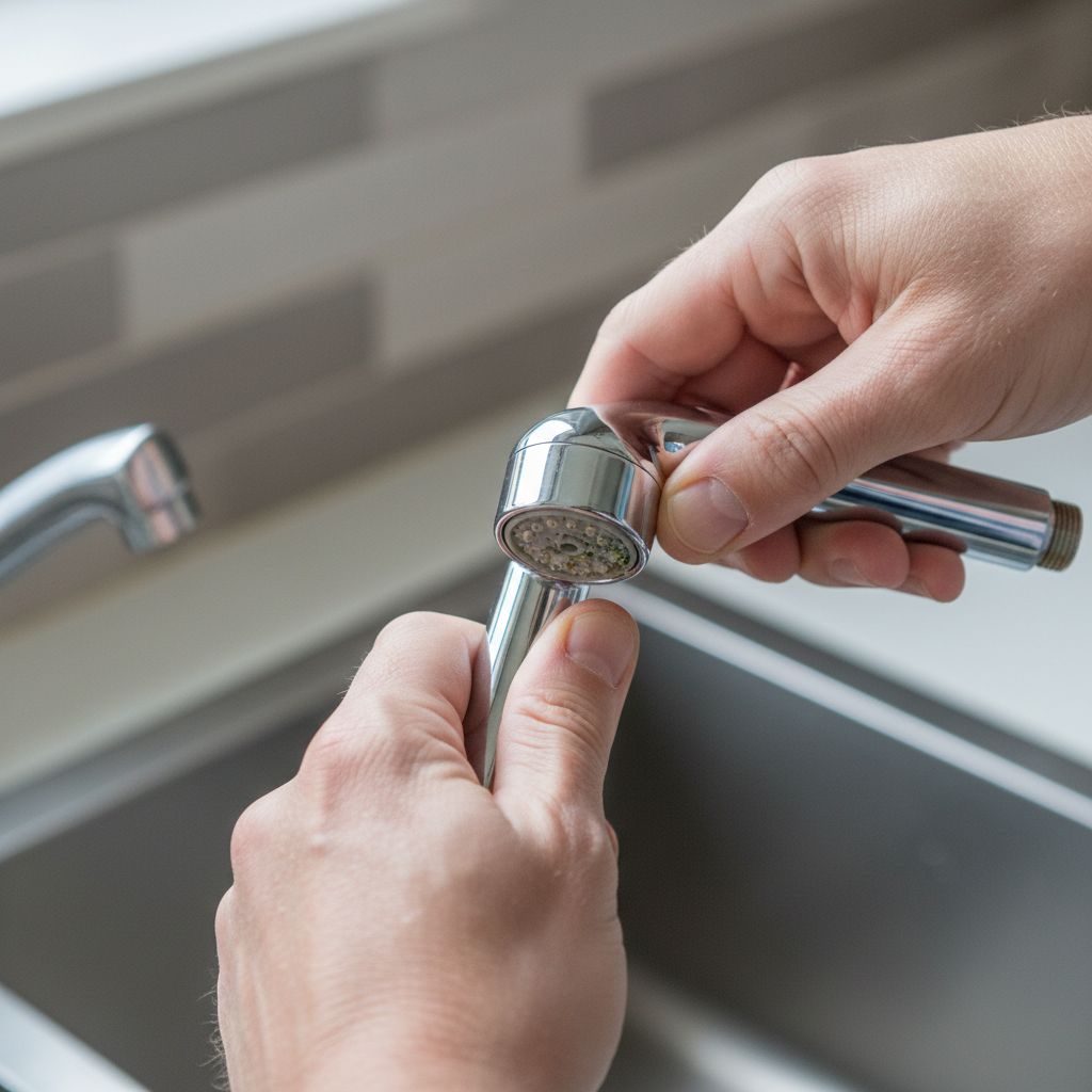 Homeowner cleaning a clogged kitchen sink sprayer head to fix low pressure