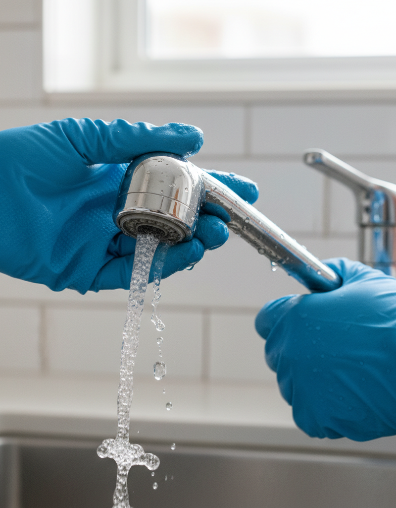 Homeowner unscrewing a kitchen sink sprayer head to diagnose low pressure