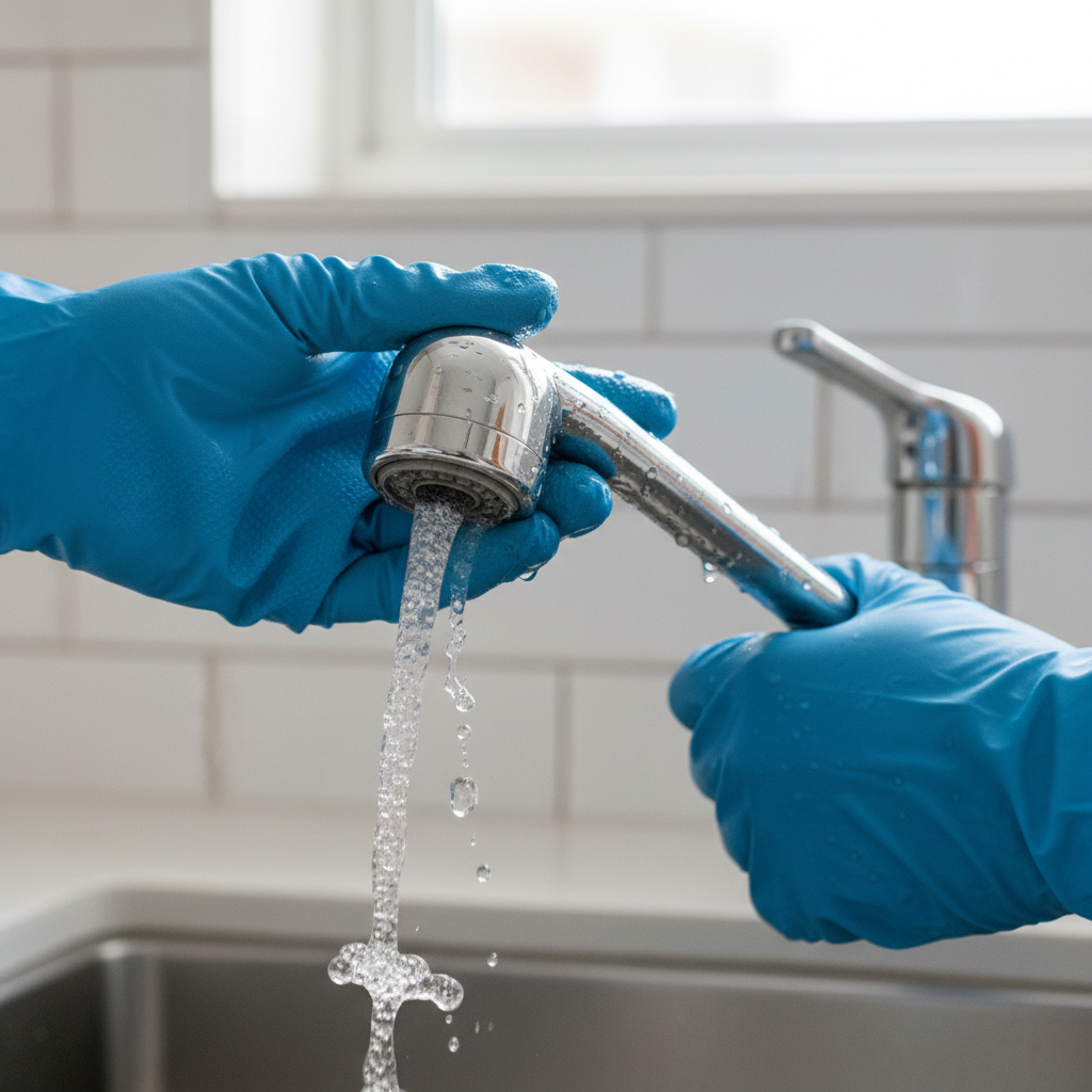 Homeowner unscrewing a kitchen sink sprayer head to diagnose low pressure