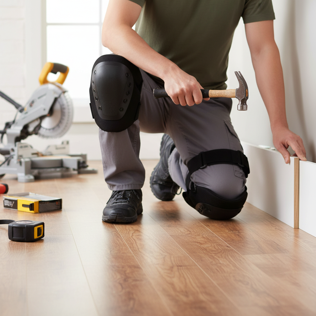 Homeowner wearing ergonomic knee pads while installing baseboards on a hardwood floor