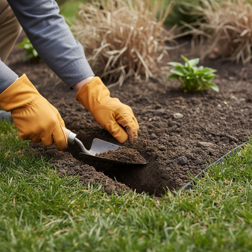 Homeowner digging a V-shaped trench for landscape Edging Installation