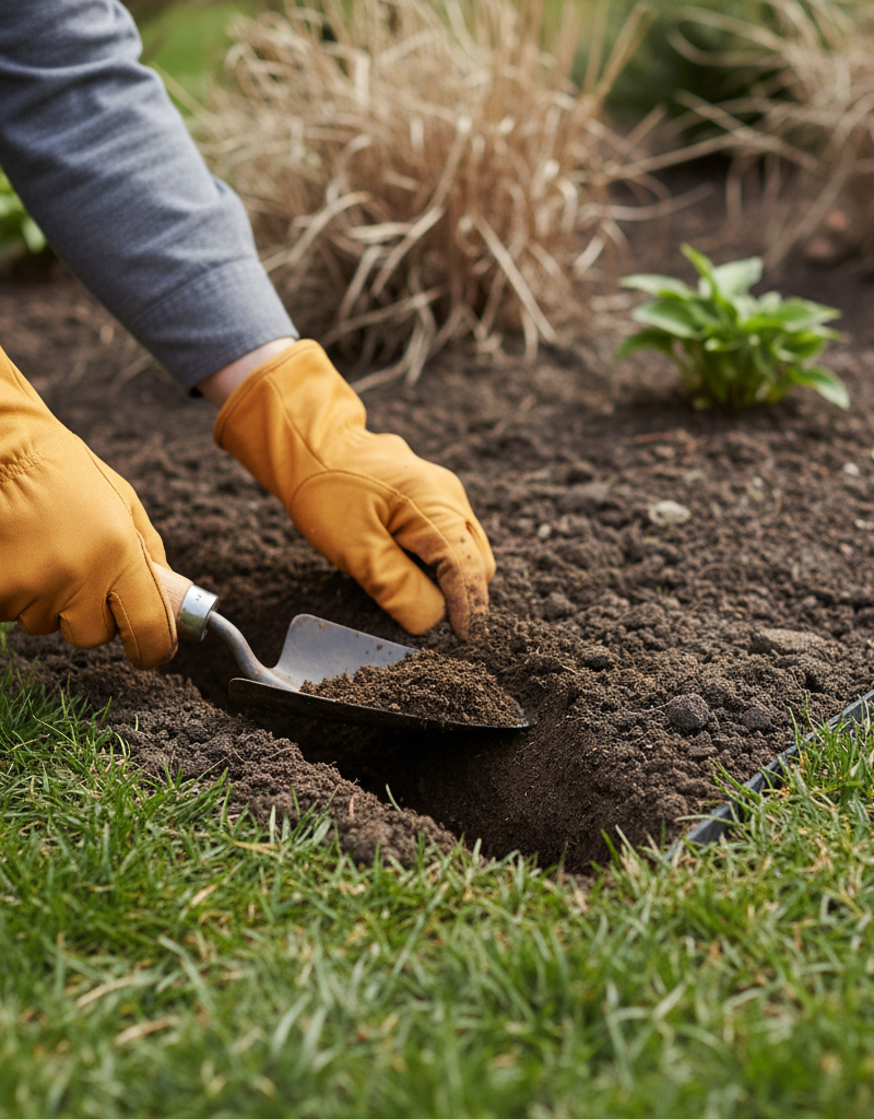 Homeowner digging a V-shaped trench for landscape Edging Installation