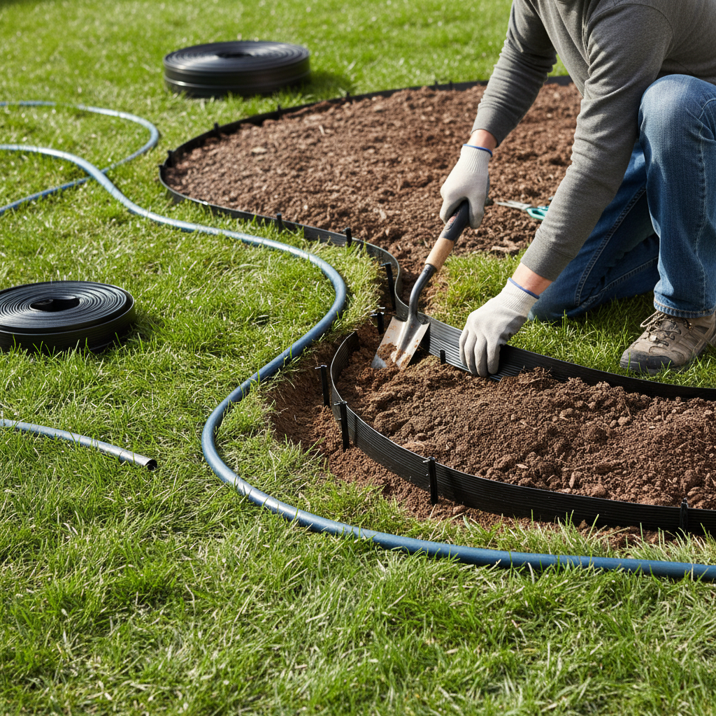 Homeowner installing black plastic landscape edging around a curved flower bed.