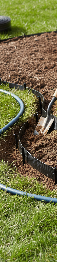 Homeowner installing black plastic landscape edging around a curved flower bed.