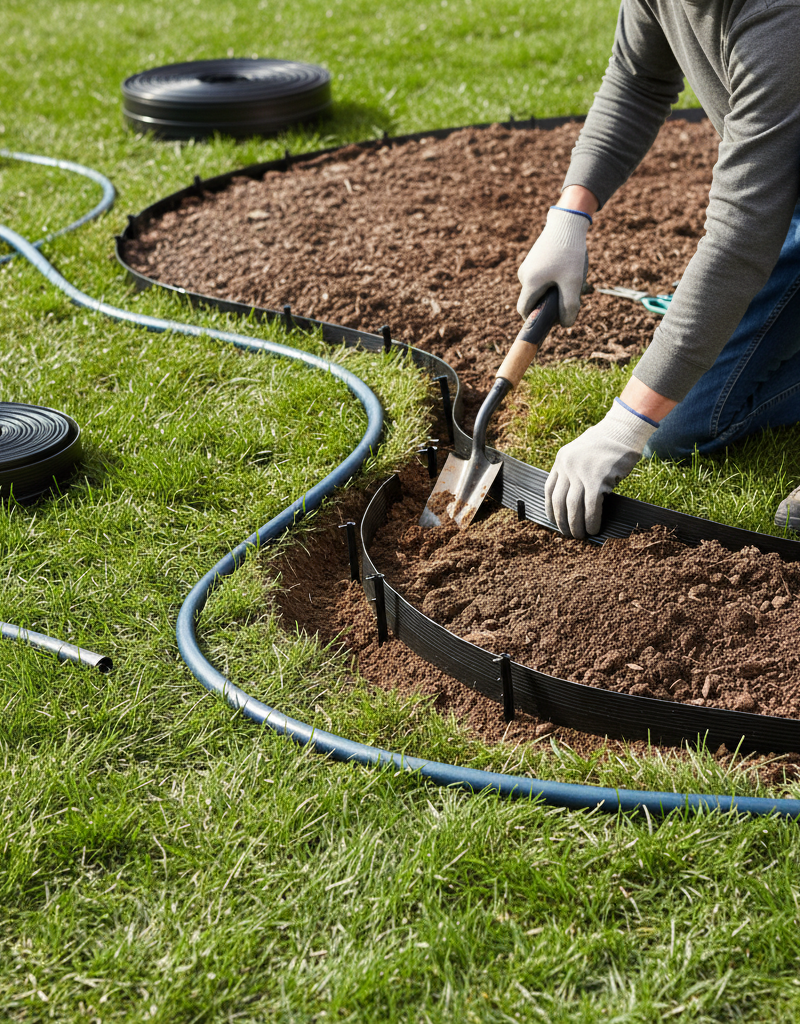 Homeowner installing black plastic landscape edging around a curved flower bed.