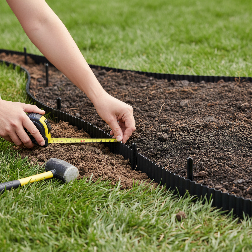 Homeowner installing black flexible landscape edging along a flower bed border, ensuring correct depth