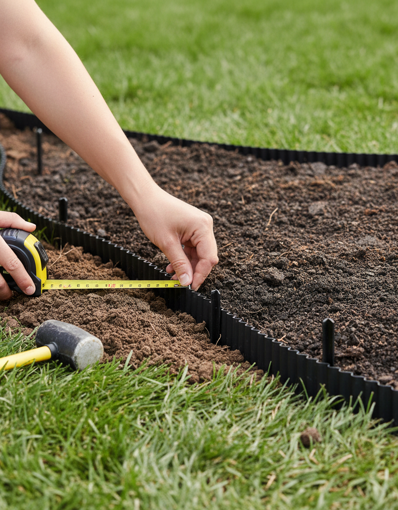 Homeowner installing black flexible landscape edging along a flower bed border, ensuring correct depth