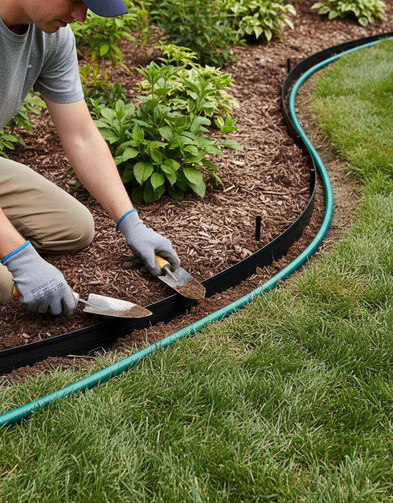 Homeowner installing black flexible landscape edging in a curved flower bed trench