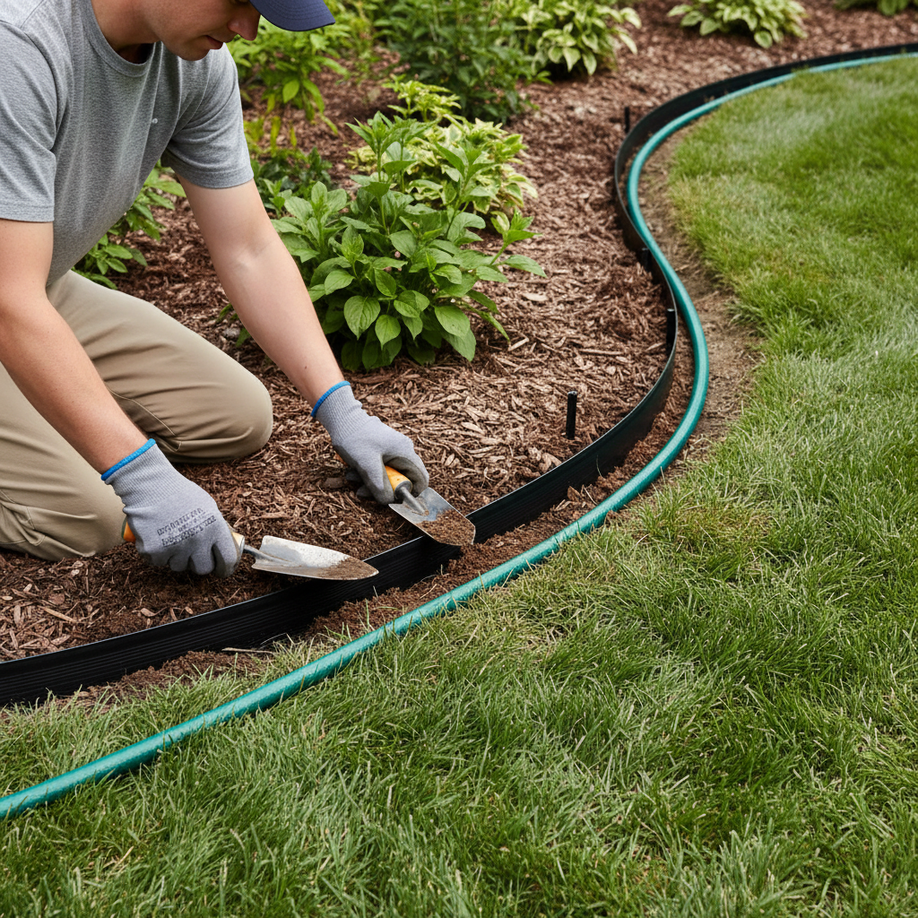 Homeowner installing black flexible landscape edging in a curved flower bed trench