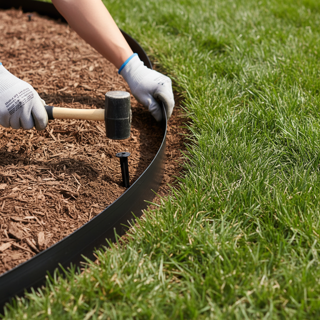 Homeowner driving a landscape edging anchor spike into a prepared trench around a flower bed.