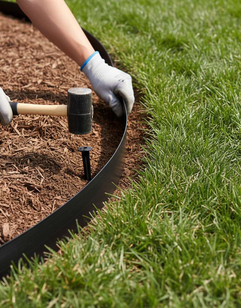 Homeowner driving a landscape edging anchor spike into a prepared trench around a flower bed.