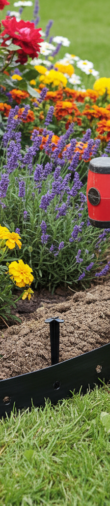 Homeowner repairing shifting landscape edging by re-trenching and securing it with stakes around a flower bed.