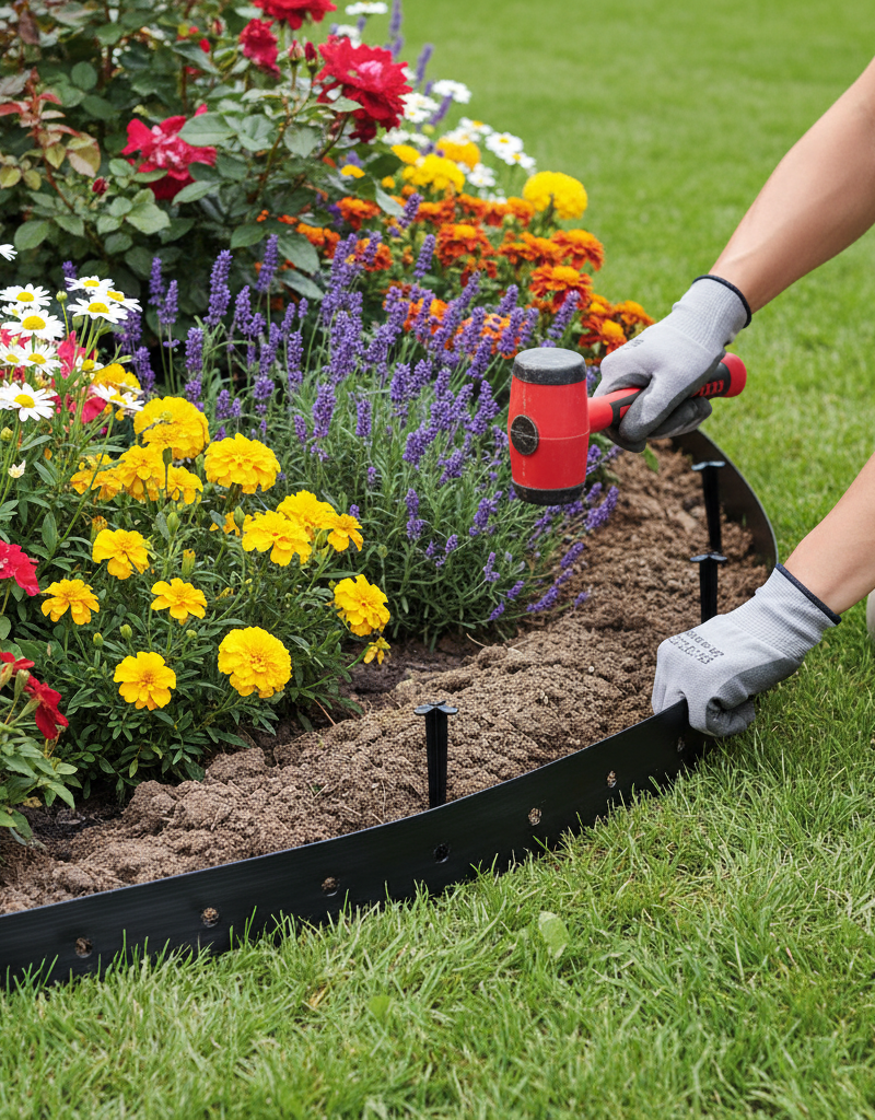 Homeowner repairing shifting landscape edging by re-trenching and securing it with stakes around a flower bed.