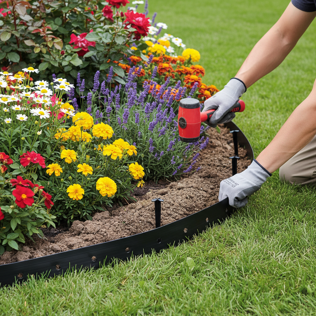 Homeowner repairing shifting landscape edging by re-trenching and securing it with stakes around a flower bed.