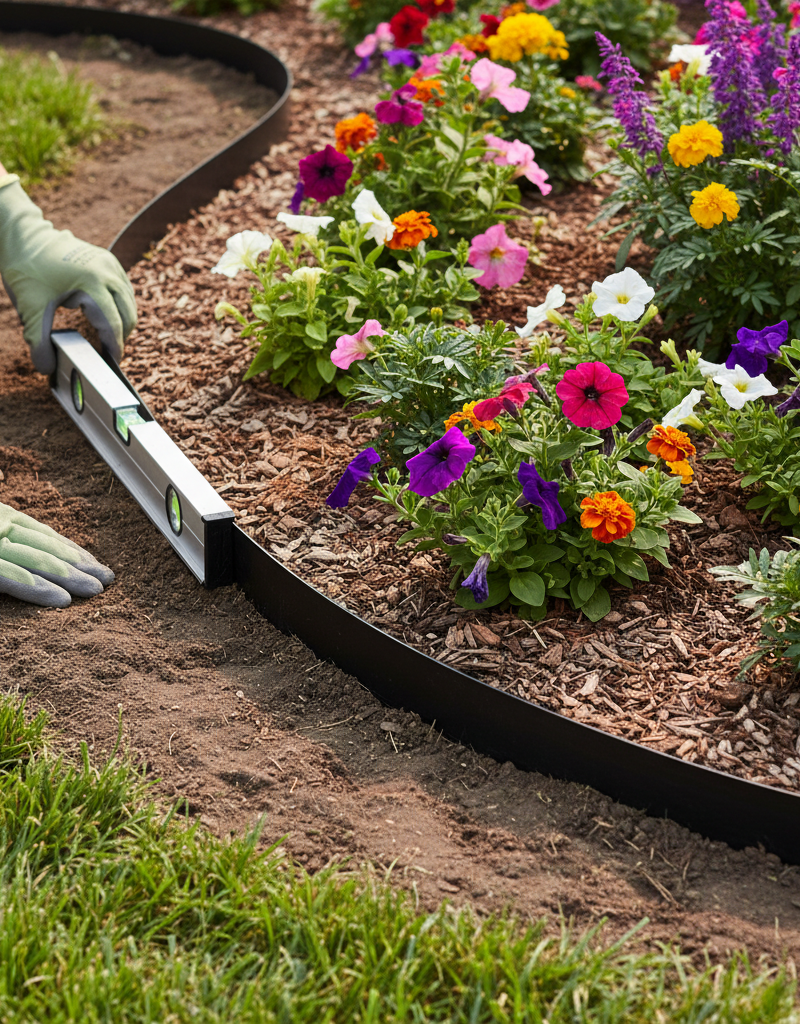 Homeowner installing landscape edging correctly around a flower bed, showing level and secure finish.