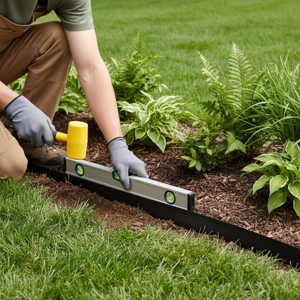 Homeowner using a level and rubber mallet to properly install landscape edging around a flower bed.