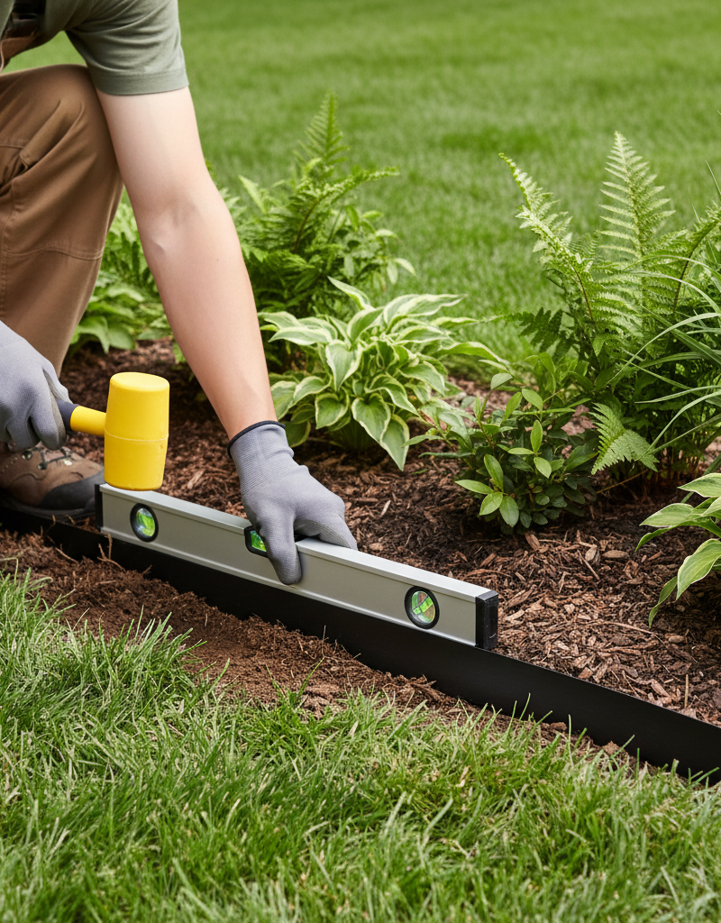 Homeowner using a level and rubber mallet to properly install landscape edging around a flower bed.