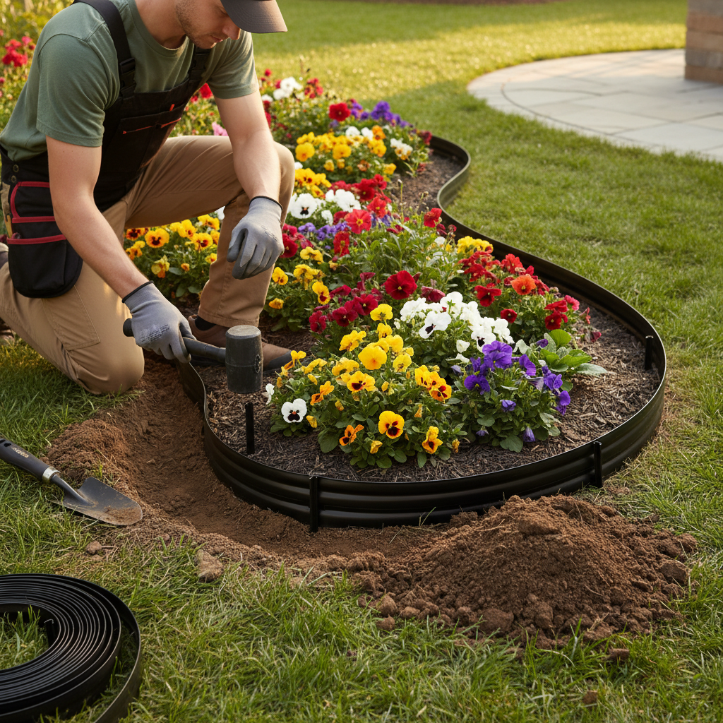 Homeowner driving a stake to secure plastic landscape edging around a curved flower bed.