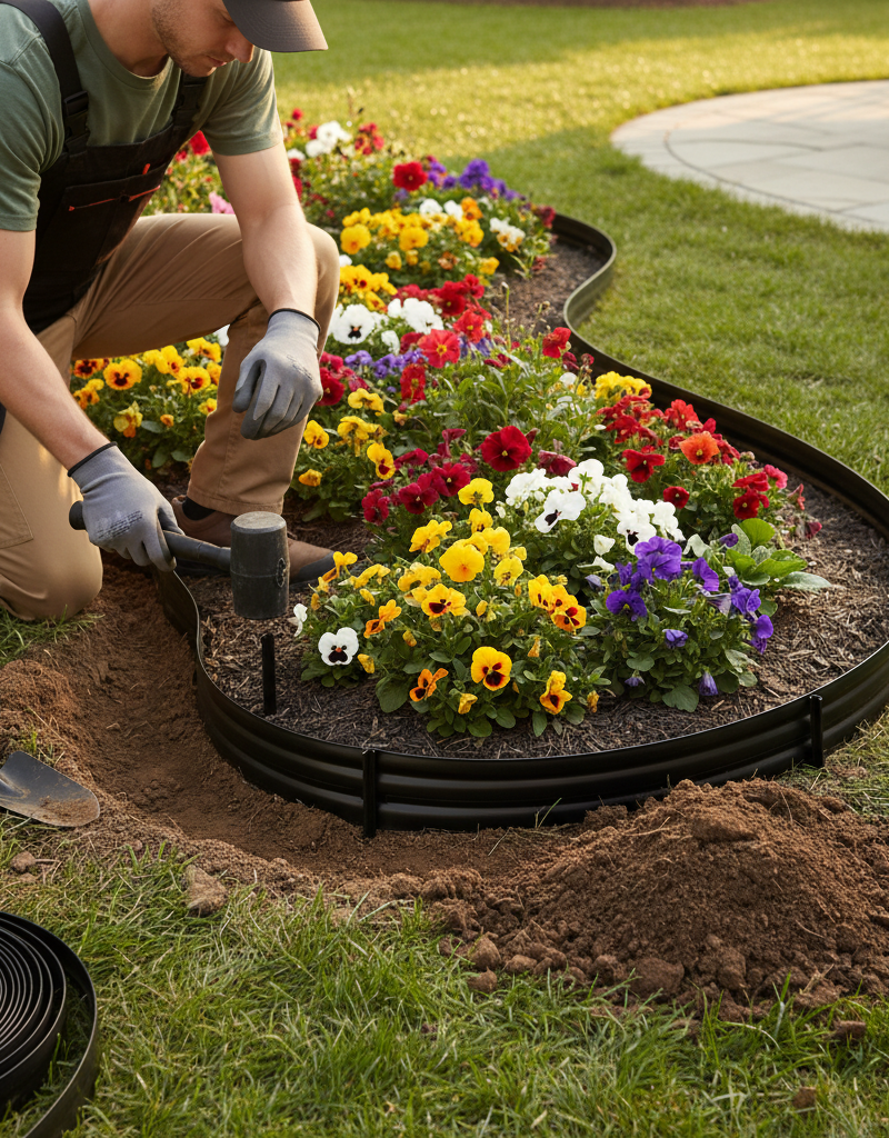 Homeowner driving a stake to secure plastic landscape edging around a curved flower bed.