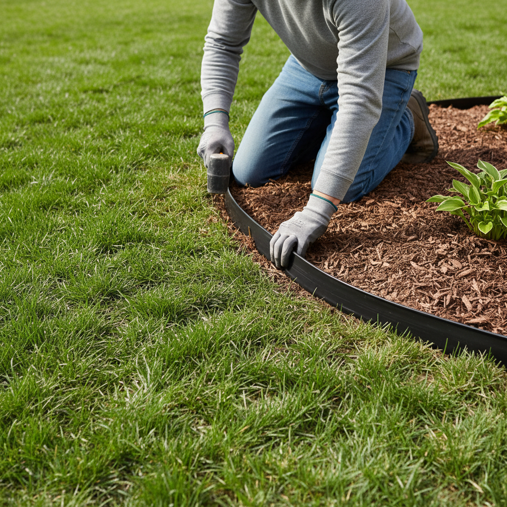 Homeowner installing black plastic landscape edging in a trench around a flower bed.