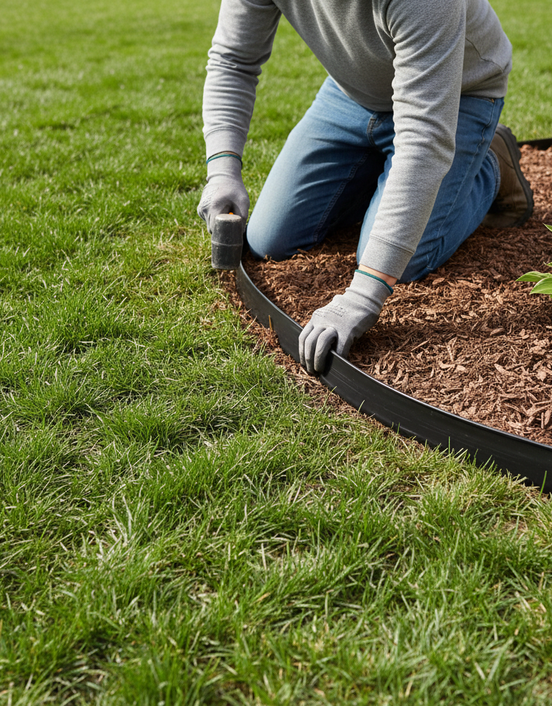 Homeowner installing black plastic landscape edging in a trench around a flower bed.